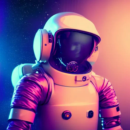 Image similar to cyberpunk astronaut bot, cinema 4 d, galaxy space sci - fi, wearing vr goggles, illustration, portrait, pastel neon textured background night, detailed,