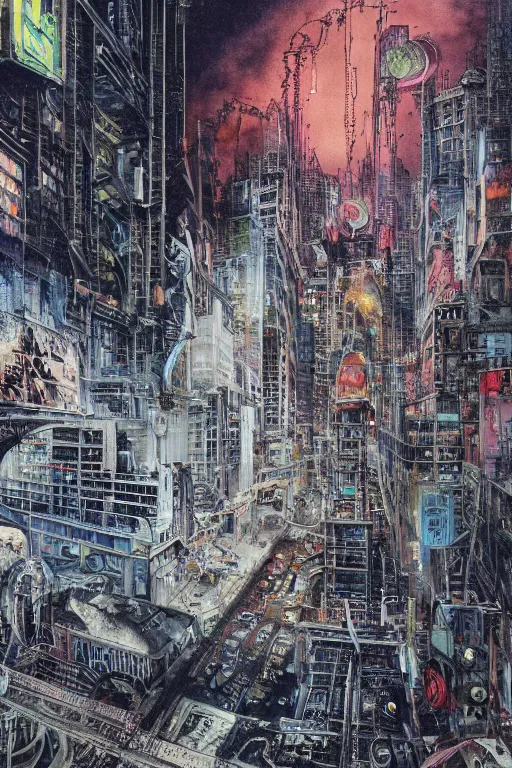 Prompt: A hyper-detailed, ultra-detailed, full-color photorealistic mixed media painting of a polluted futuristic cityscape with intricate, perfe4ctly symmetrical art nouveau infrastructure and architecture at night in the winter, bill sienkiewicz illustration with slight spraying from 1984, Travis Charest, Stephen Gammell