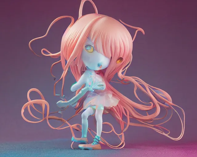 Image similar to James Jean isolated magical girl vinyl figure, figure photography, holographic undertones, glitter accents on the figure, anime stylized, high detail, ethereal lighting - H 640