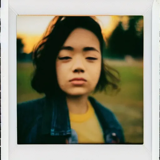 Prompt: instant photograph of a young person, looking to the camera, face only, polaroid, raw, beautiful, nostalgic, light leak, sunset, clouds, park