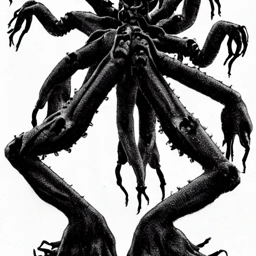 Prompt: an evil master with 7 arms and 2 legs hunched over looking for you with vengeful eyes, scary, high resolution, creepy, disgusting