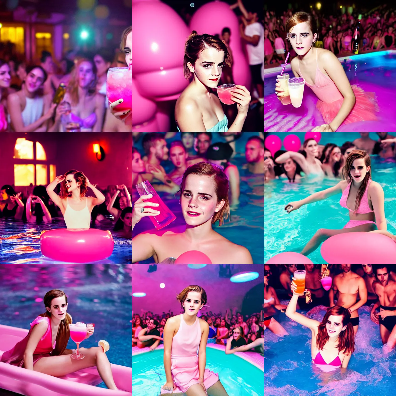 Prompt: a photo of a drunk emma watson, with a drink, with a big cute pastel pink float, having fun being the center of attention, in a crowded pool party in a modern indoors pool at night. visually stimulating photo. coherent. 8 k. sensual. red and purple lights.