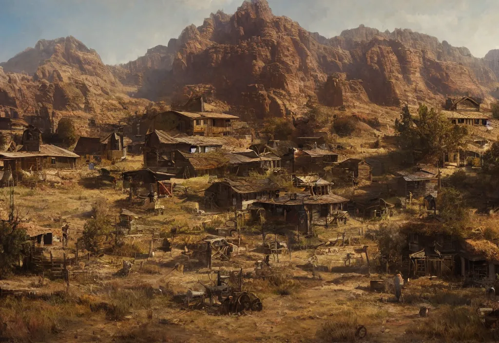 Prompt: a 1 9 th century old west far west small town in a stunning landscape by craig mullins, oil on canvas big brushstrokes, line art, winning - award masterpiece, fantastic, octane render, 8 k hd resolution, high quality image