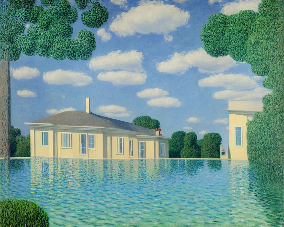 Image similar to achingly beautiful painting of a sophisticated, well - decorated, modern poolhouse by rene magritte, monet, and turner.