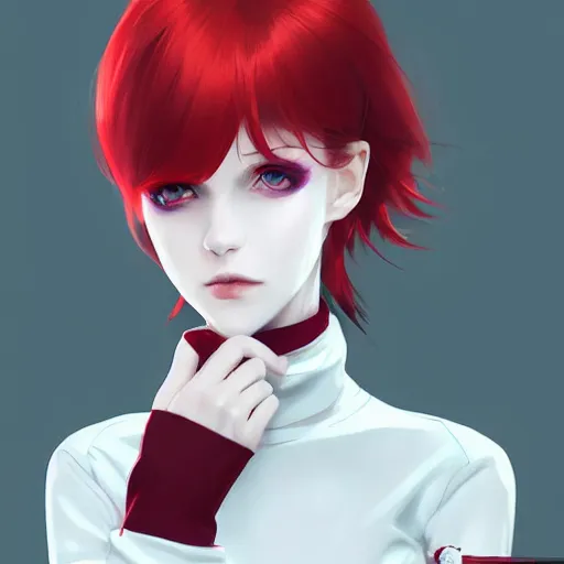 Image similar to beautiful pale vampire with red hair in a white turtleneck dress, arguing with a small blue godzilla on a super yacht, by guweiz and wlop and ilya kuvshinov and artgerm, symmetrical eyes, aesthetic, gorgeous, stunning, alluring, attractive, artstation, deviantart, pinterest, digital art