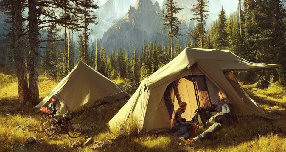 Image similar to cabela's beautiful comfortable carbon framed, modular insulated wall portable container home kit - house all weather family dwelling tent house, person in foreground, mountainous forested wilderness open fields, beautiful views, painterly concept art, environmental concept art, concept art illustration, by james gurney, by craig mullins, by greg rutkowski trending on artstation