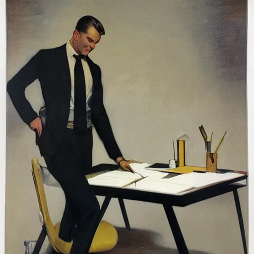 Image similar to man in desk with coffee and black suit by leyendecker and dean cornwell, 8 feet from the camera, 6 0 ´ s bauhaus design futurist furniture