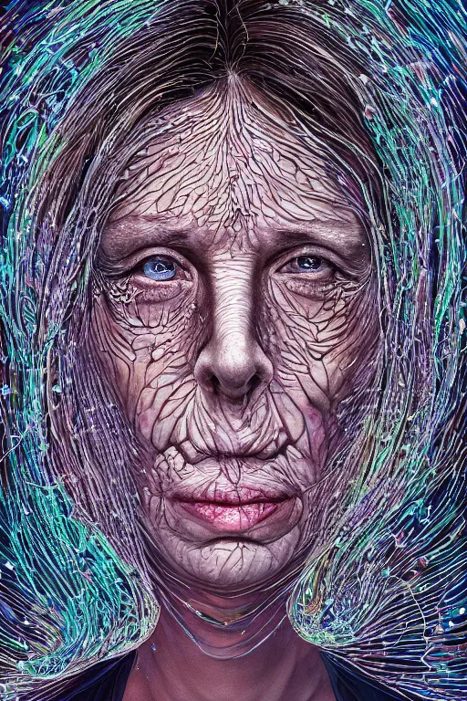 Image similar to dark underwater portrait of one bioluminescent old woman, with cracked reaction diffusion semi - transparent skin. multicolored fish scales, face closeup. long intricate dark hair. good face proportions. with many jellyfishes. very high detail, illustration, by alex grey and ilya kuvshinov