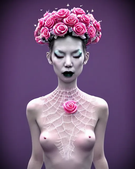 Prompt: dreamy surreal poetic pinky 3D render of a beautiful young porcelain female-creature-cyborg-vegetal with a very long neck and a super big gothic web lace collar filled with small dead flies and a very high big floral crown with many black dry roses:: smoke, high fashion, haute couture, rococo, avant-garde, elegant, dreamy, hyper realistic, 150 mm lens, soft rim light, octane render, unreal engine, volumetric lighting, dramatic light,8k,