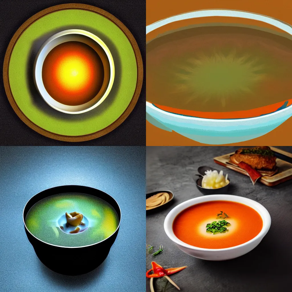 Prompt: a bowl of soup that is a portal to another dimension as digital art