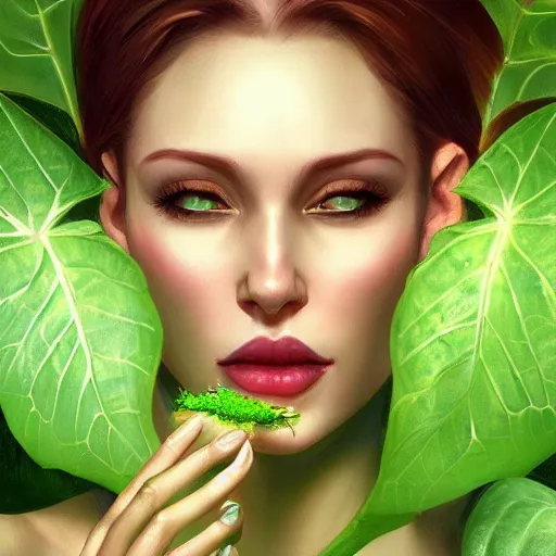 Image similar to profile view close up of a woman's mouth that is about to bite into a banana, summer queen. faerie queen. queen of light, green, poison ivy, made by caravaggio stanley artgerm lau wlop rossdraws artstation cgsociety concept art octane render