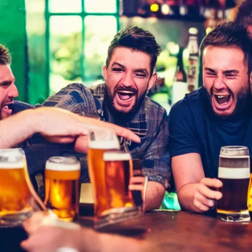 Prompt: a group of lads having a banty time at the pub