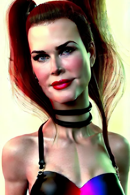 Image similar to mix of beautiful young maria shriver, mariel hemmingway, brooke shields, nicole kidman and elle macpherson as a dominatrix, thin lips, hair tied up in a pony tail, dark blonde hair, colorful, deviantart, artstation, cgsociety