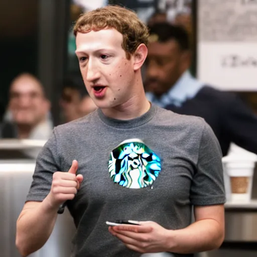Prompt: photo of mark zuckerberg angry that his starbucks drink order is wrong, sticking his middle finger up at the barista, in a starbucks
