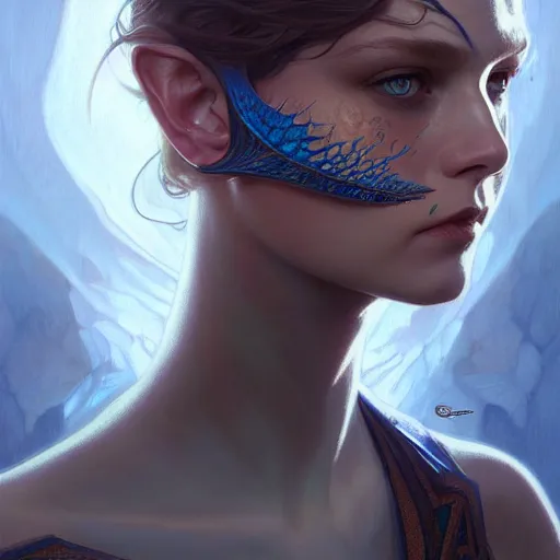 Image similar to Portrait of lizard girl, D&D, blue eyes, face, fantasy, intricate, elegant, highly detailed, digital painting, artstation, concept art, smooth, sharp focus, illustration, art by artgerm and greg rutkowski and alphonse mucha