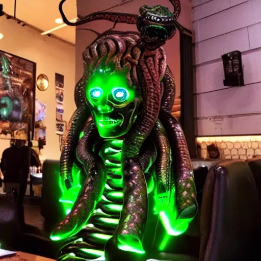 Prompt: real life terminator gorgon medusa with borg implants and robotic snakes coming out of her head sitting at a cafe having a cup of coffee. Tiny green led lights in her cybernetics. very detailed 8k