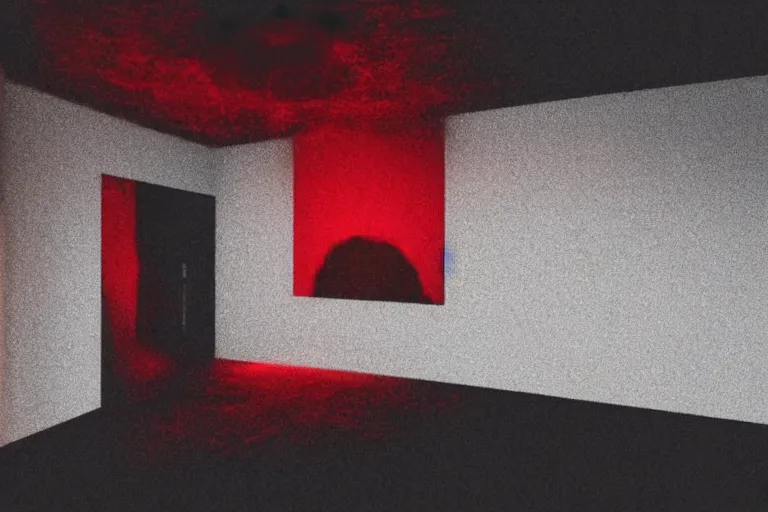 Image similar to cctv footage of an extremely dark empty room with evil horror humanoid cryptid monster made out of static, dark deep black shadows, crimson red and black color contrast in the style of trevor henderson and james ensor goya, liminal space, 3 d render, glitch effect