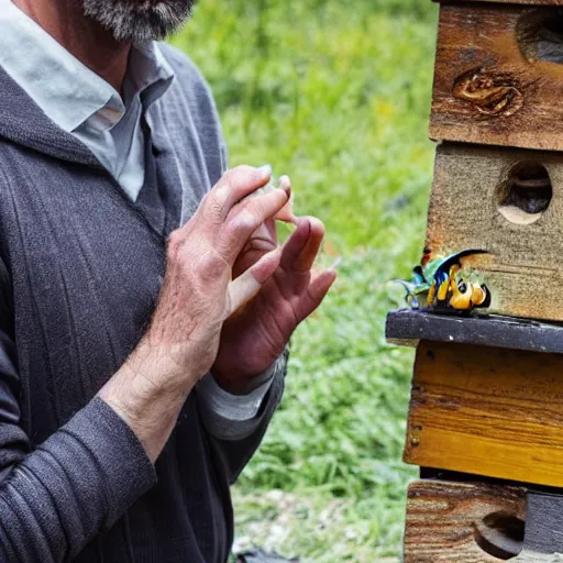 Image similar to a photo of a man arguing with a bee, the man is losing