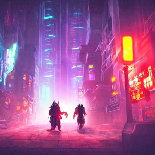 Prompt: 2 orcs in a fantasy cyberpunk city with neon lights