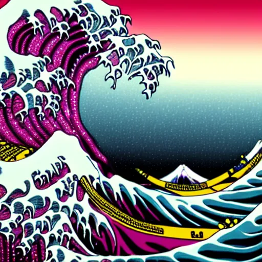 Prompt: the great wave off kanagawa with pink lava and fire, rococo, hyperreal, detailed, 4 k