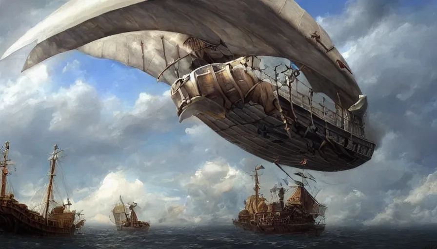 Image similar to a large pirate airship flying among the clouds, soaring through the sky, airship, realist painting, pirate, beautiful, highly detailed, trending on art station