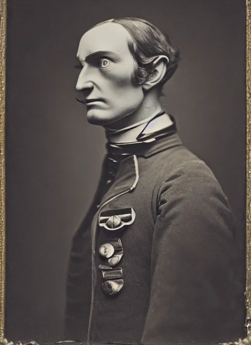 Image similar to portrait of a victorian alien wearing a a military jacket, victorian, detailed face, highly detailed, cinematic lighting, photograph by elliott & fry