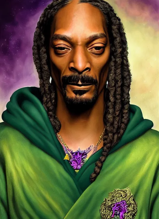 Image similar to snoop dogg as a wizard, short beard, grumpy, intricate green robes with purple accents, Ivan Aivakovsky, Boris Vallejo, epic fantasy character art, D&D Concept Art, full length, Realistic, Regal, Refined, Detailed Digital Art, Oil Paining, Exquisite detail, post-processing, masterpiece, Cinematic Lighting, Unreal Engine, 8k, HD, Stanley Artgerm Lau, WLOP, Rossdraws, Frank Frazetta, Andrei Riabovitchev, Marc Simonetti, trending on artstation,