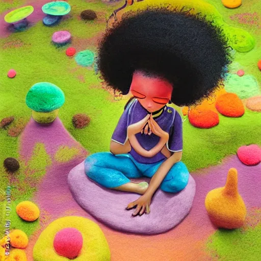 Image similar to a black girl with a colorful afro and big colorful eyes meditating in an african zen garden at sunset, bright colours, bokeh!!, watercolor, volumetric wool felting, macro photography, children illustration, by goro fujita