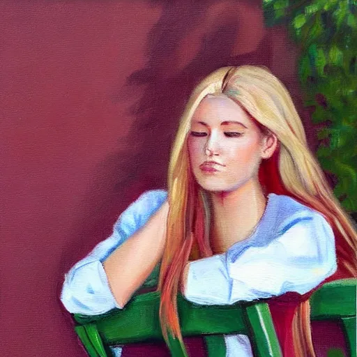 Image similar to a painting of a young woman with long blond hair sitting on a green bench with her head in her hands, steve henderson