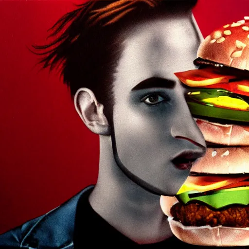 Prompt: edward cullen eating a hamburger super details, hyperrealist, cinematic style, giger towers on background