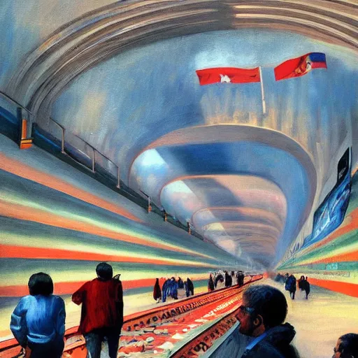 Image similar to political propaganda, socialist art, delhi metro, oil painting, global illumination