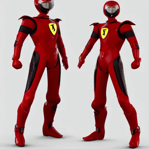 Image similar to Tokusatsu character based on Ferrari, red mechanical skinny body, chest plate with Ferrari logo, stylized motorcycle helmet, full body, unreal engine, 3D model