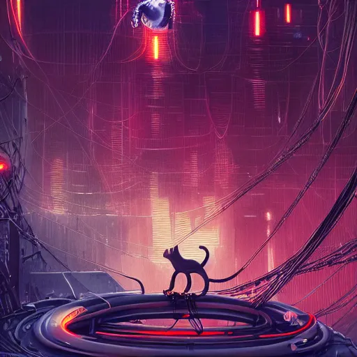 Image similar to cats cyborg inside an scifi tentacles wires futuristic city, beautiful neon cats, cinematic, highly detailed, photorealistic, rich bright colors, trending on artstation, giger, tsutomu nihei, trending on cgsociety, awe inspiring bruce pennington cityscape, digital art painting of 1 9 6 0 s