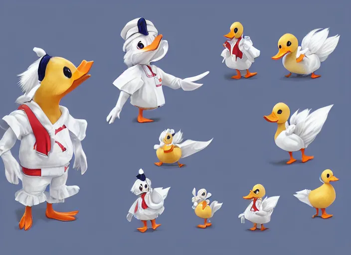 Prompt: award - winning detailed concept art of a cute iconic anthropomorphic duck character wearing a sailor suit. art by wlop, realistic. detailed feathers, art by cheng yi. artstationhd, artgerm, 3 dcg, pixar zootopia. 3 d rendering, high quality model sheet, donald. model sheet detailed