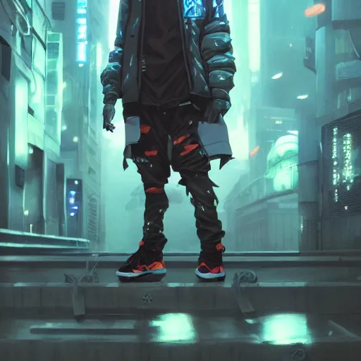 Image similar to killua zoldyck, edgy streetwear, techwear, cyberpunk style outfit, scifi, blue side lighting, detailed portrait, intricate complexity, by greg rutkowski, ross tran, conrad roset, takato yomamoto, ilya kuvshinov. 4 k, beautiful, aesthetic octane render, cinematic dramatic atmosphere