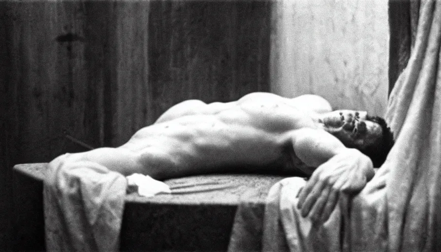 Image similar to movie still of jean - paul marat wounded at the chest, bleeding in the bath, cinestill 8 0 0 t 3 5 mm b & w, high quality, heavy grain, high detail, cinematic composition, dramatic light, anamorphic, ultra wide lens, hyperrealistic, by josef sudek