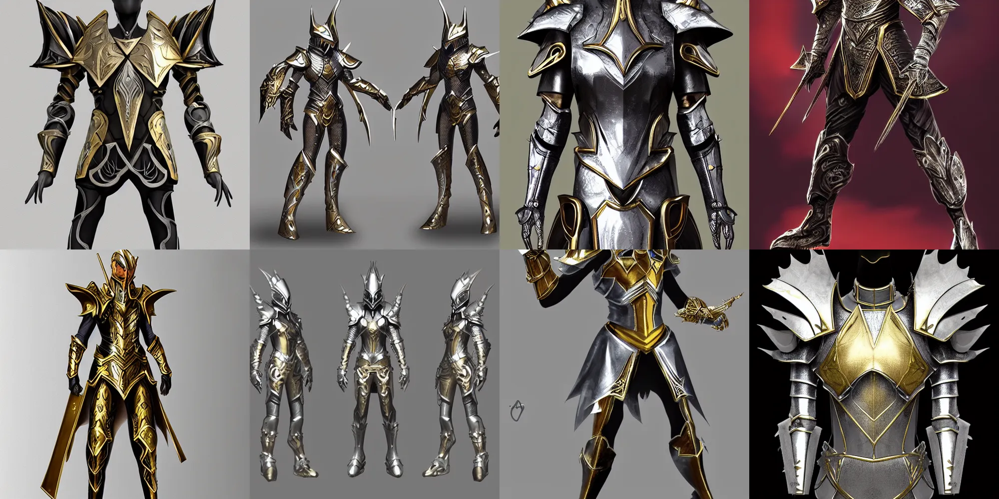 Prompt: sleek fantasy mage armor, all-metal, silver with gold accents, concept art, trending on arstation