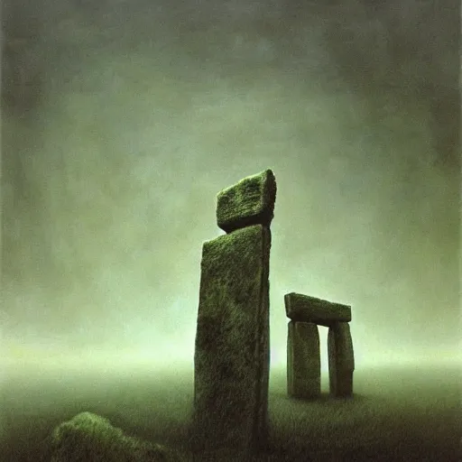 Prompt: arm reaching out of thick fog, levitating stonehenge, zdzislaw beksinski