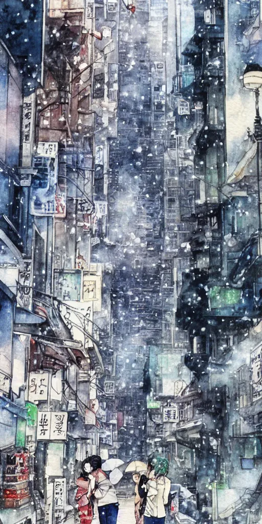 Prompt: hyper realistic manga city water color