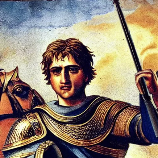 Prompt: selfie of alexander the great during the battle of gaugamela, colorized, damaged, photorealistic