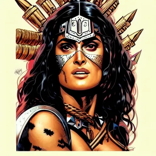 Image similar to a portrait of Salma Hayek as a barbarian warrior intricate details by MARVEL comics and Sandra Chevrier