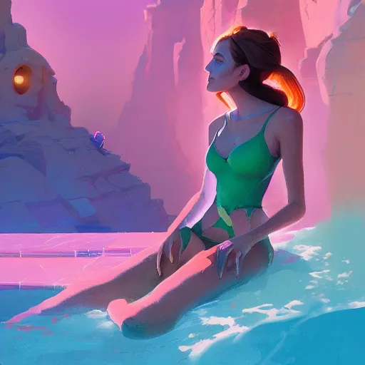 Image similar to portrait of besutiful woman in bathing suit, maya ali mage, gloomhaven, dynamic lighting, gaudy colors, octane render aesthetic, matte painting concept art, official fanart behance hd artstation by jesper ejsing, by rhads and makoto shinkai and lois van baarle and ilya kuvshinov and rossdraws