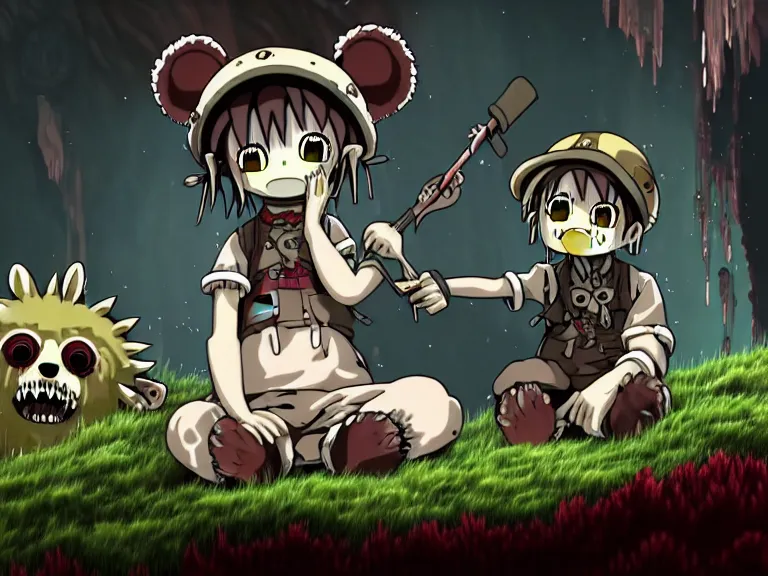 Prompt: high resolution 4 k gore, blood, furry bears horror made in abyss design bizarre design body a field of cool colors shading war bloody war wounded country bears rock afire explosion billy bob made in abyss body horror bears fluffy cute deformed black skydave sim brazilian rosewoodart in the style of akihito tsukushi and jim henson