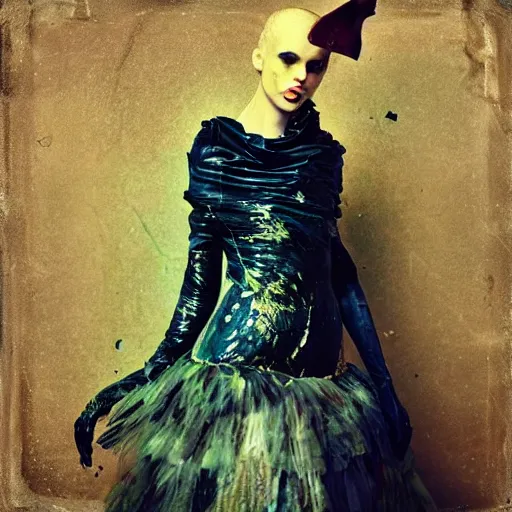 Image similar to damaged kodak portra 4 0 0, wetplate, photo of a surreal artsy dream scene,, very beautiful model, weird fashion, grotesque, extravagant dress, strange pose, carneval, with an animal, wtf, photographed by paolo roversi style