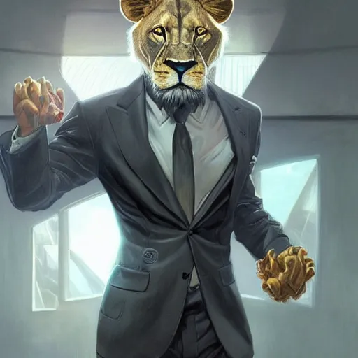 Image similar to lion in a business suit, artists portrait, futuristic, fantasy, highly detailed, digital painting, concept art, sharp focus, depth of field blur, illustration, art by artgerm and greg rutkowski and alphonse mucha