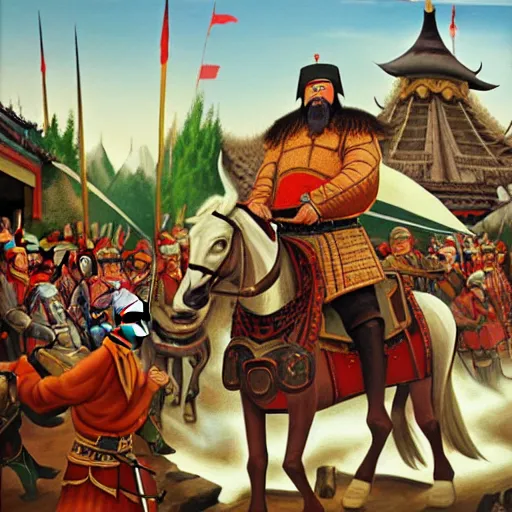 Image similar to genghis khan and his mongol horde ransacking modern day efteling, oil on canvas