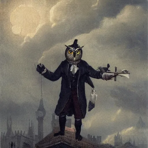 Prompt: Owl-faced man in a noble outfit soaring above the streets of a Victorian London at dusk, atmospheric painting, etheral