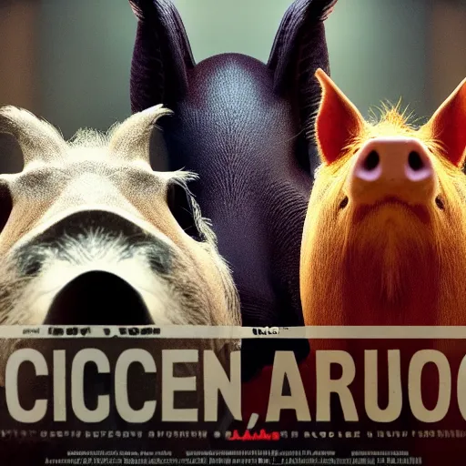 Prompt: Movie Poster Chicken, Cow, Capybara, Pig, Epic, Cinematic, 4K