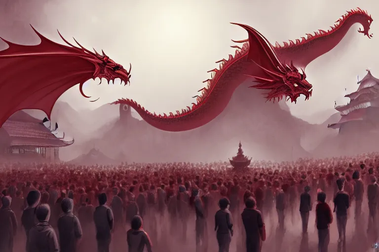 Image similar to lined up crowd is marching toward the chinese palace, big red dragon flying above them, dark atmosphere, light above palace, digital art, trending on artstation