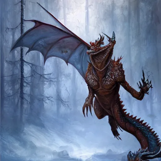 Image similar to oil painting of dragon in cold forest, dnd character, fantasy, magic, realistic textured skin, big lizard head, eagle feather, glowing eyes, clear clean, artgem, boris valejo, goro fujita, frank frazetta, heavy metal style, trending on artstation, digital painting, julie bell, beautiful, very detailed, pixar